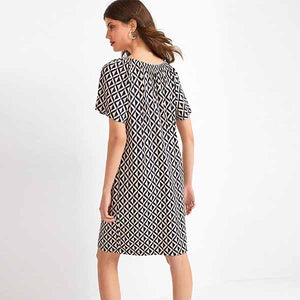 Navy Blue Geometric Print Kaftan Jersey Short Sleeve Mini Summer Dress