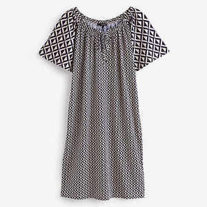 Navy Blue Geometric Print Kaftan Jersey Short Sleeve Mini Summer Dress