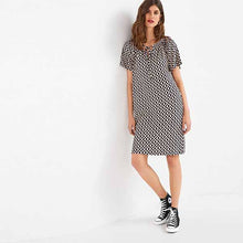 Load image into Gallery viewer, Navy Blue Geometric Print Kaftan Jersey Short Sleeve Mini Summer Dress
