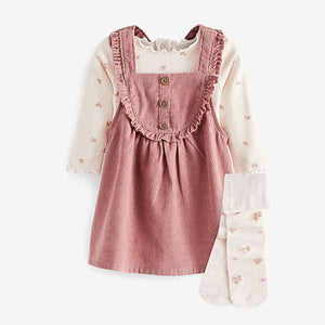 Pink Floral Baby 3 Piece Cord Pinafore Dress, Bodysuit And Tights Set (0mths-18mths)
