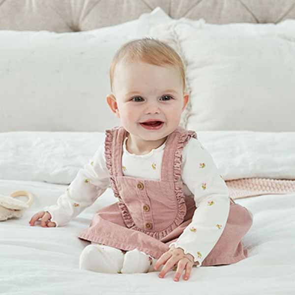 Pink Floral Baby 3 Piece Cord Pinafore Dress, Bodysuit And Tights Set (0mths-18mths)
