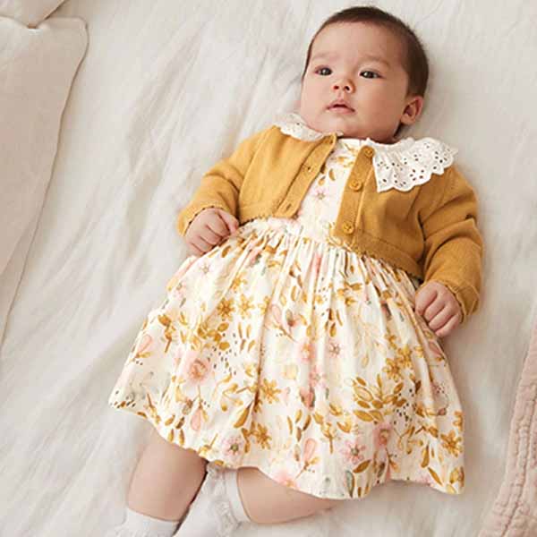 Ochre Yellow / Cream Baby Woven Prom Dress and Cardigan (0mths-18mths)