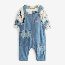 Load image into Gallery viewer, Blue Elephant Applique 2 Piece Baby Denim Dungarees And Bodysuit Set (0mths-18mths)
