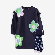 Load image into Gallery viewer, Navy Blue Flower Jumper Dress And Tights (3mths-5yrs)
