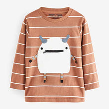 Load image into Gallery viewer, Brown/White Stripe Monster Long Sleeve Appliqué T-Shirt (3mths-5yrs)
