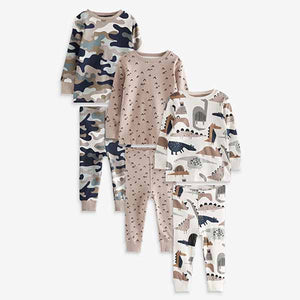 Tan Brown Camouflage Dino 3 Pack Snuggle Pyjamas (9mths-12yrs)