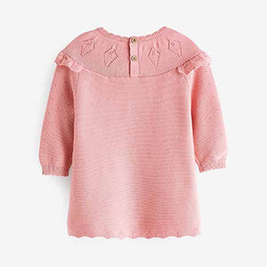 Pink Knitted Baby Pointelle Dress (0mths-18mths)