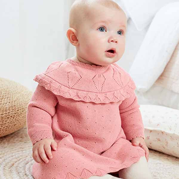 Pink Knitted Baby Pointelle Dress (0mths-18mths)