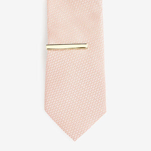 Pink Slim Textured Tie With Tie Clip