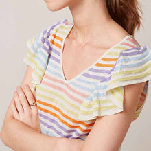 Load image into Gallery viewer, Rainbow Stripe Linen Mix Ruffle Sleeve Top
