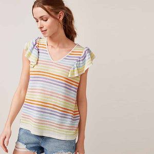 Rainbow Stripe Linen Mix Ruffle Sleeve Top