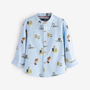 Blue Safary Print Long Sleeve Grandad Collar Shirt (3mths-5yrs)