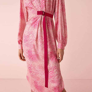 Pink /Cream Abstract Animal Print Satin Shirt Dress