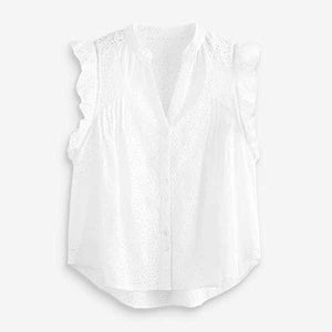 White Broidery Sleeveless Ruffle V-Neck Top