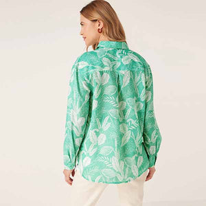Green Palm Print Long Sleeve Utility Shirt