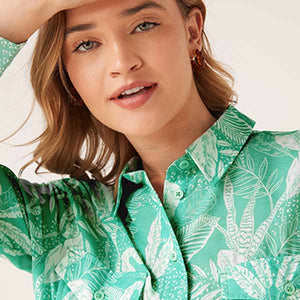 Green Palm Print Long Sleeve Utility Shirt