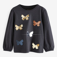 Load image into Gallery viewer, Charcoal Grey Butterfly Sequin Long Sleeve T-Shirt (9mths-6yrs)
