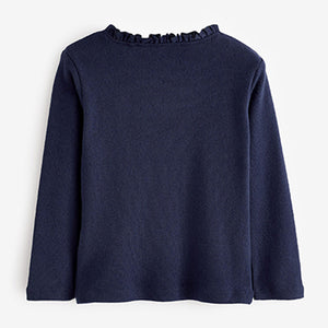 Navy Blue Long Sleeve Pointelle Cotton Top (3mths-6yrs)