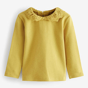 Olive Green Brushed Broderie Collar Top (3mths-6yrs)
