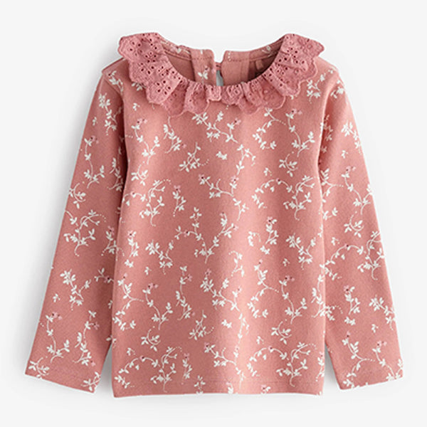Pink Ditsy Brushed Broderie Collar Top (3mths-6yrs)