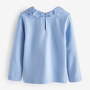 Pale Blue Brushed Broderie Collar Top (3mths-6yrs)