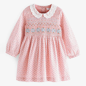 Pink Geo Printed Shirred Collar Dress (3mths-6yrs)