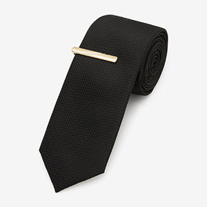 Black Slim Recycled Polyester Textured Tie With Tie Clip