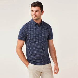 Navy Blue Geo Print Polo Shirt