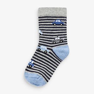 7 Pack Blue Stripes Transport Cotton Rich Socks (Younger Boys)