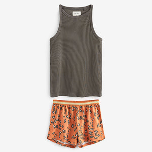 Black / Tan Brown Animal Cotton Vest Pyjama Short Set