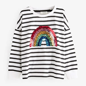Black/White Stripe Rainbow Sequin Long Sleeve T-Shirt (3-12yrs)