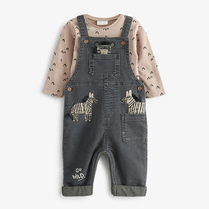 Grey Zebra Applique 2 Piece Baby Denim Dungarees And Bodysuit Set (0mths-18mths)