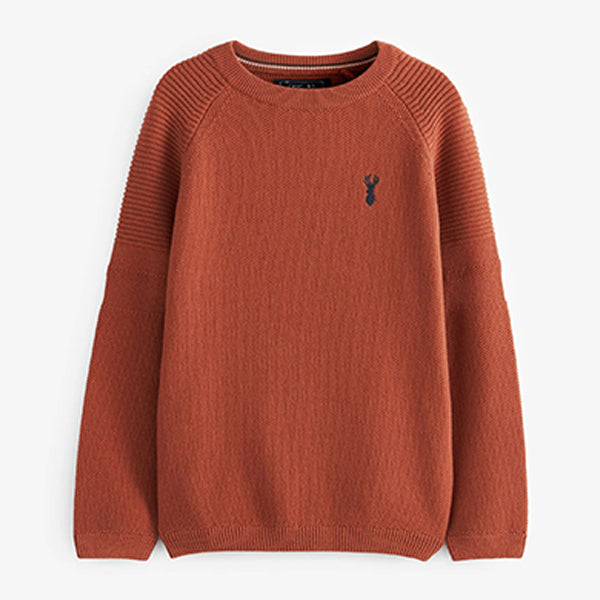 Rust Brown with Stag Embroidery Textured Crew Jumper (3-12yrs)