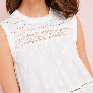 White Broiderie Sleeveless Mini Dress