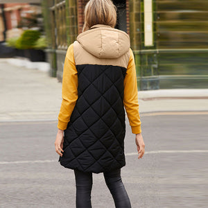 Black and Neutral Mink Mid Length Hooded Quilted Gilet