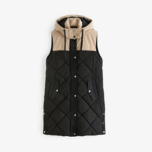 Load image into Gallery viewer, Black and Neutral Mink Mid Length Hooded Quilted Gilet
