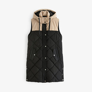Black and Neutral Mink Mid Length Hooded Quilted Gilet
