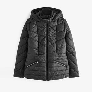 Black Short Hooded Padded Jacket