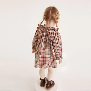 Soft Brown Check Ruffle Collar Check Dress (3mths-6yrs)