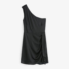 Load image into Gallery viewer, Black Satin One Shoulder Mini Dress
