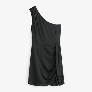Black Satin One Shoulder Mini Dress