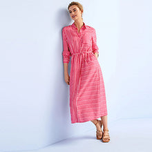 Load image into Gallery viewer, Pink/White Stripe Belted Midi Shirt Dress
