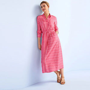Pink/White Stripe Belted Midi Shirt Dress