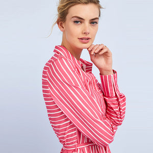 Pink/White Stripe Belted Midi Shirt Dress