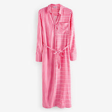 Load image into Gallery viewer, Pink/White Stripe Belted Midi Shirt Dress
