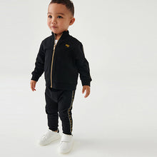 Load image into Gallery viewer, Black Gold Tape Funnel Neck Zip Through and Joggers Set (3mths-5yrs)
