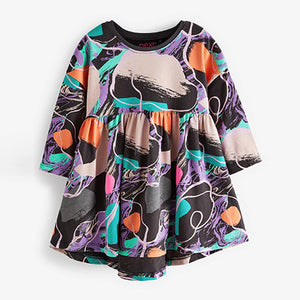 Charcoal Grey Shapes Long Sleeve Relaxed Fit Cotton Dress (3mths-6yrs)