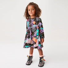 Load image into Gallery viewer, Charcoal Grey Shapes Long Sleeve Relaxed Fit Cotton Dress (3mths-6yrs)
