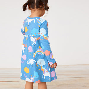 Blue Unicorn Long Sleeve Jersey Dress (3mths-6yrs)