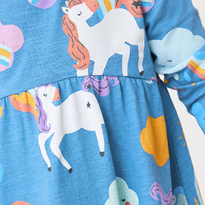 Blue Unicorn Long Sleeve Jersey Dress (3mths-6yrs)